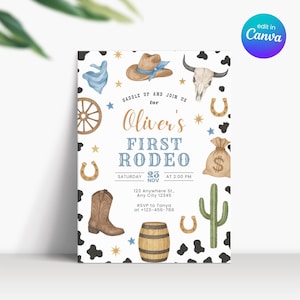 Invito per il mio primo compleanno a tema rodeo per neonato, invito per il primo compleanno di un bambino, invito per il mio primo compleanno a tema rodeo, invito per il primo compleanno a tema rodeo da cowboy