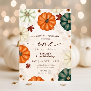 Pumpkin Birthday Invitation, Rustic Fall Harvest Party Invite, Watercolor Autumn Leaves First Birthday Invite, Sweet Little Pumpkin Girl