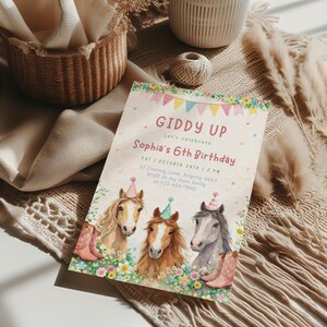 Horse Birthday Invitation, Giddy Up Birthday Party Invite, Girl's Birthday Invite, Pony Birthday Invite, Pink Floral Birthday Invite