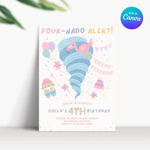 Fournado verjaardagsuitnodiging, Fournado uitnodiging, vierjarige jongen meisje verjaardag uitnodigen, feestvarken uitnodigen 4 jaar, Tornado uitnodiging