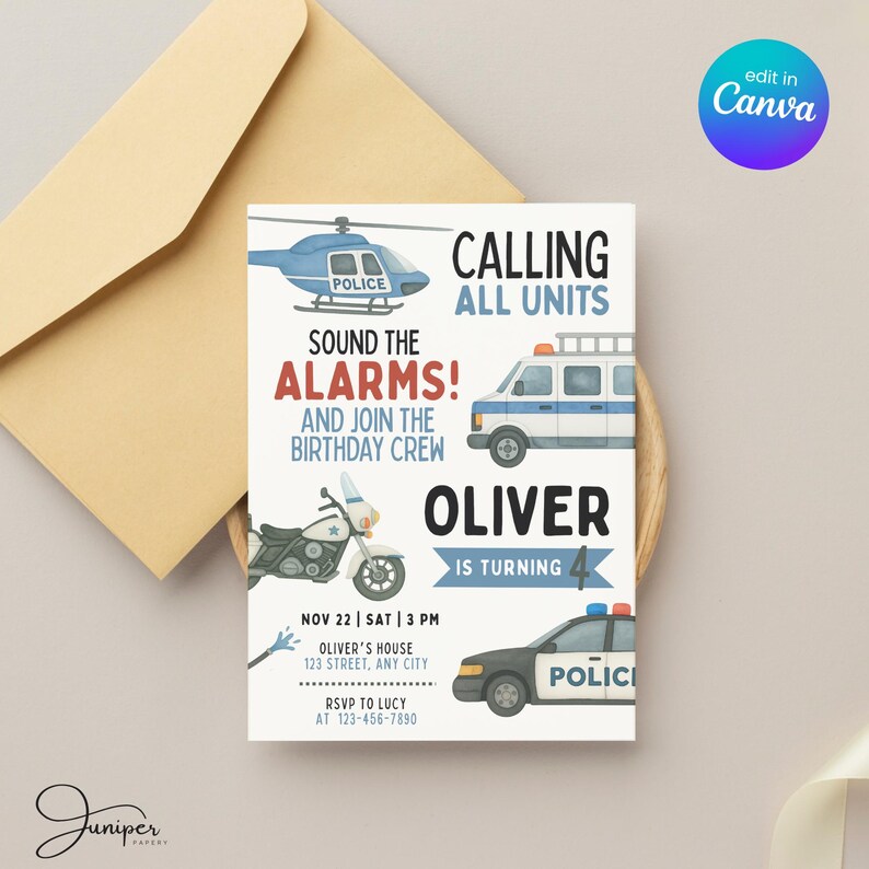 Emergency Vehicles Birthday Invitation, Police Birthday Party Invite ...