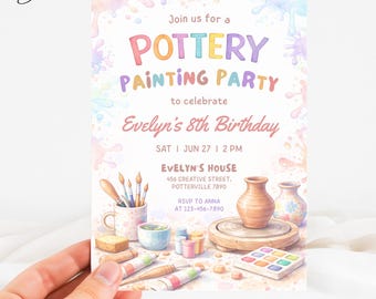 Invitación de cumpleaños para fiesta de pintura de cerámica, tarjeta de cumpleaños de arte y manualidades, plantilla para fiesta de manualidades, invitación de cumpleaños de arte, invitación para fiesta de cerámica