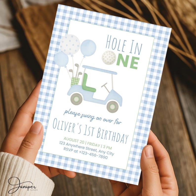 Hole In One Golf First Birthday Invitation | Blue Gingham Hole In One Par-Tee for Kids