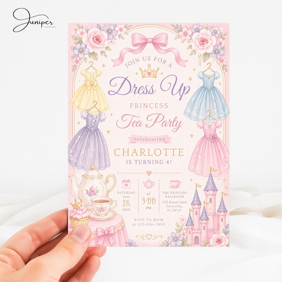 Princess Dress Birthday Invitation, Fairy Tale Princess Tea Party Template, Magical Birthday Card Girl, Dress Up Princess Gown Party Invite