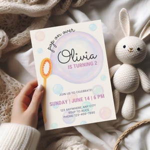 Bubble Birthday Invitation, Second Birthday Invite Bubbles, Pastel 2 Year Old Girl Birthday Invite, Girls Birthday Invitation Bubbles