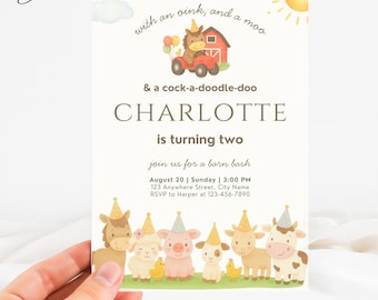 Party Animals Farm Invitation, 2nd Birthday Farm Animal Invite, Farm Invitation Two Year Old, Barnyard Bash Invitation, Petting Zoo Invite