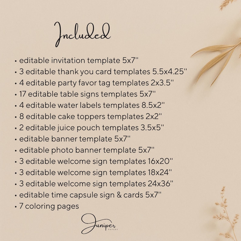 May include: A beige background with the word "Included" in elegant script. The text lists various editable templates, including invitations, thank you cards, party favors, table signs, water labels, cake toppers, juice pouches, banners, photo banners, welcome signs, time capsule signs, and coloring pages.