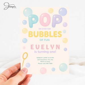 Bubble Birthday Invitation, First Birthday Invite Bubbles, Pastel 1 Year Old Girl Birthday Invite, Baby Girls Birthday Invitation Bubbles