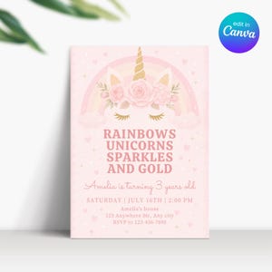 Rosa Einhorn-Regenbogen-Party einladen, Einhorn 3-jähriges Mädchen-Geburtstag einladen, Einhorn und Regenbogen 3. Geburtstagseinladung, Einhorn-Party