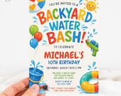 Backyard Water Bash Birthday Invitation, Splash Summer Birthday Card, Beach Ball Water Gun Pool Party Invite, Kids Swim Party Invite