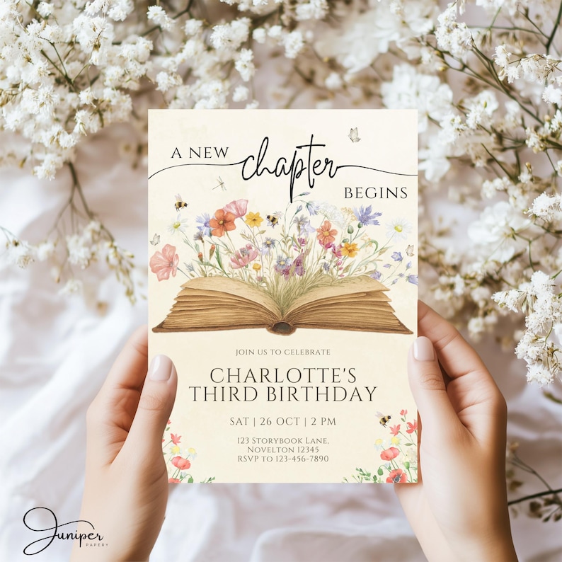 A New Chapter Birthday Invitation, Floral Storybook Birthday Invite ...