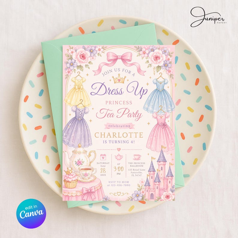 Princess Dress Birthday Invitation, Fairy Tale Princess Tea Party Invite, Royal Dresses Birthday Invite, Dress Up Princess Party Invite