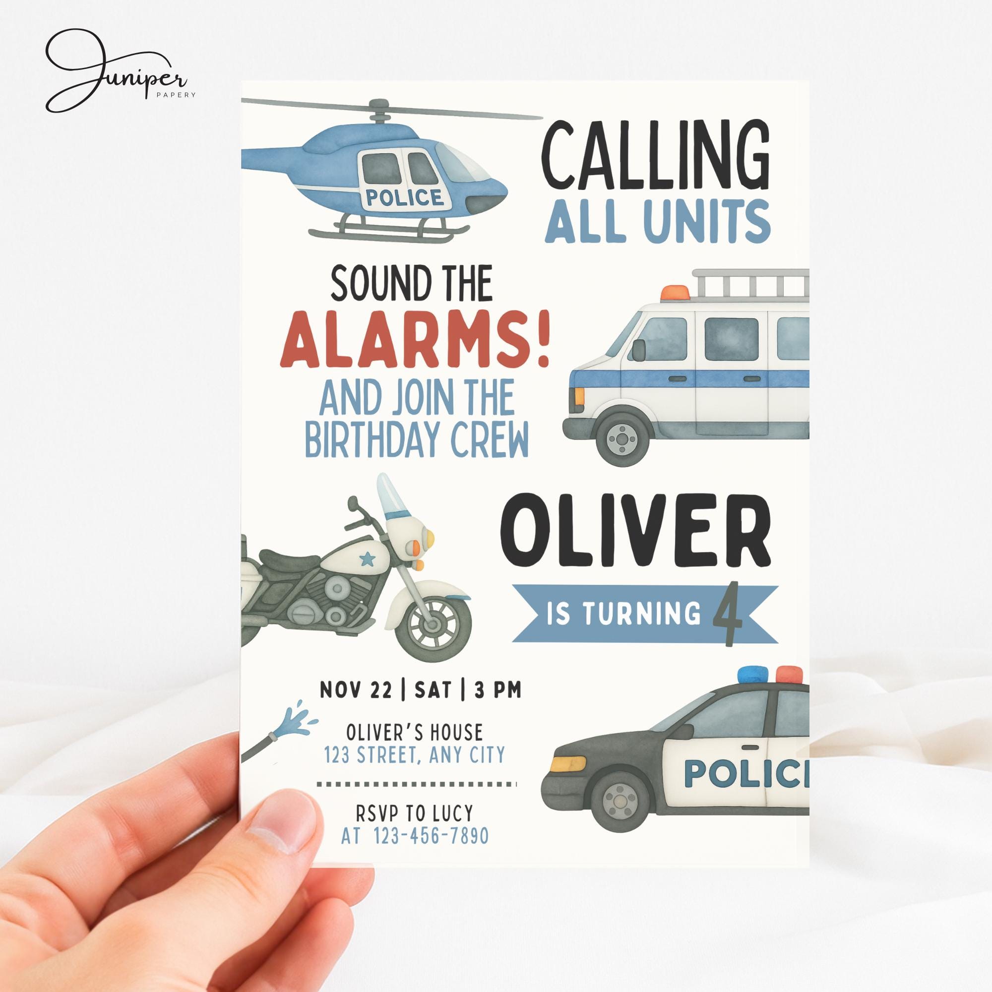 Emergency Vehicles Birthday Invitation, Police Birthday Party Invite, First Responder Birthday Invitation, 4 Year Old Boy Birthday Invite