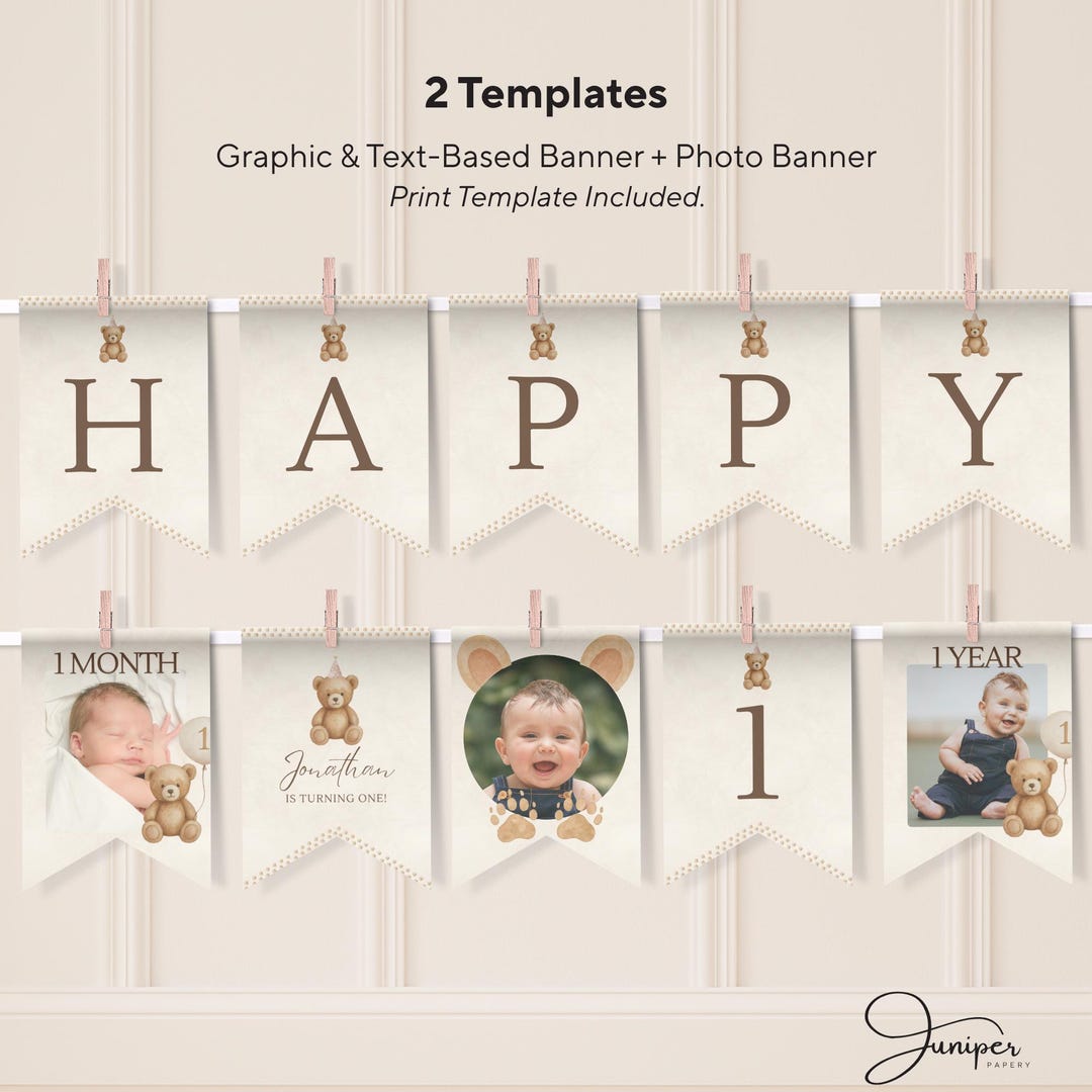Editable Beary First Birthday Banner Template, Teddy Bear Party Decor ...