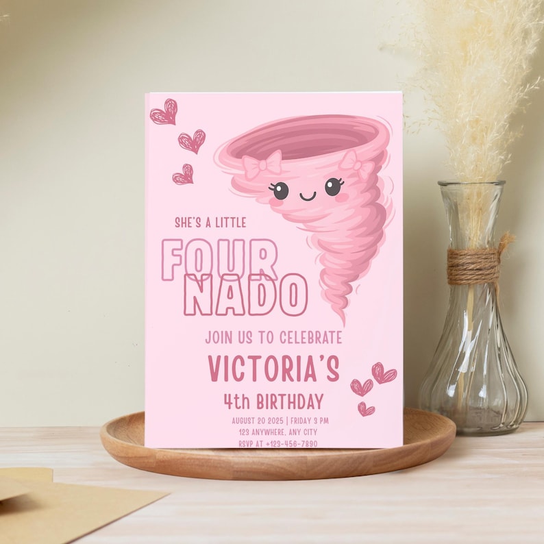 Fournado Birthday Invitation Girl | Canva Template | Twonado Invite