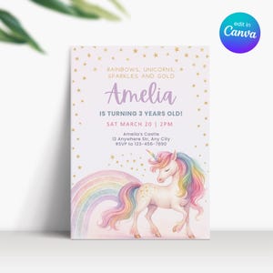 Pastell Einhorn Regenbogen Party einladen, Einhorn 3 Jahre altes Mädchen Geburtstag einladen, Einhorn und Regenbogen 3. Geburtstagseinladung, Einhornparty