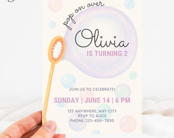 Bubble Birthday Invitation, Second Birthday Invite Bubbles, Pastel 2 Year Old Girl Birthday Invite, Girls Birthday Invitation Bubbles