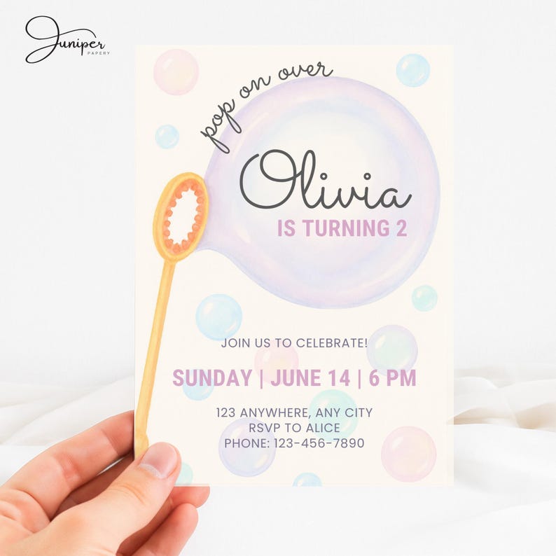 Bubble Birthday Invitation, Second Birthday Invite Bubbles, Pastel 2 Year Old Girl Birthday Invite, Girls Birthday Invitation Bubbles