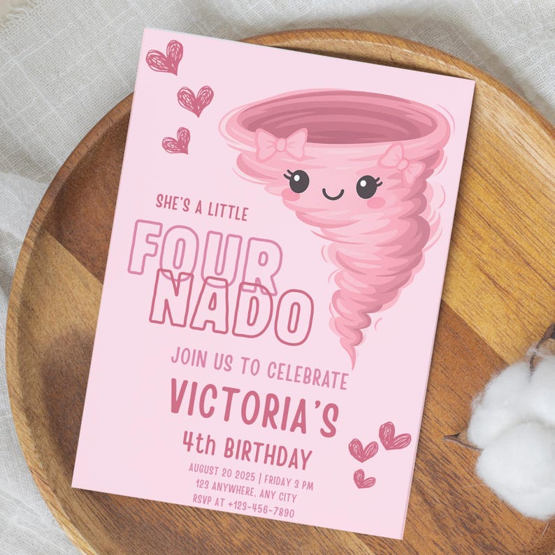 Fournado Birthday Invitation Girl | Canva Template | Twonado Invite