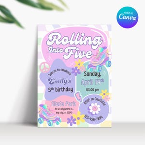 Invito "Rolling Into 5", invito di compleanno retrò per bambina di 5 anni, invito di compleanno con pattini a rotelle pastello, invito per festa con pattini a rotelle per bambina