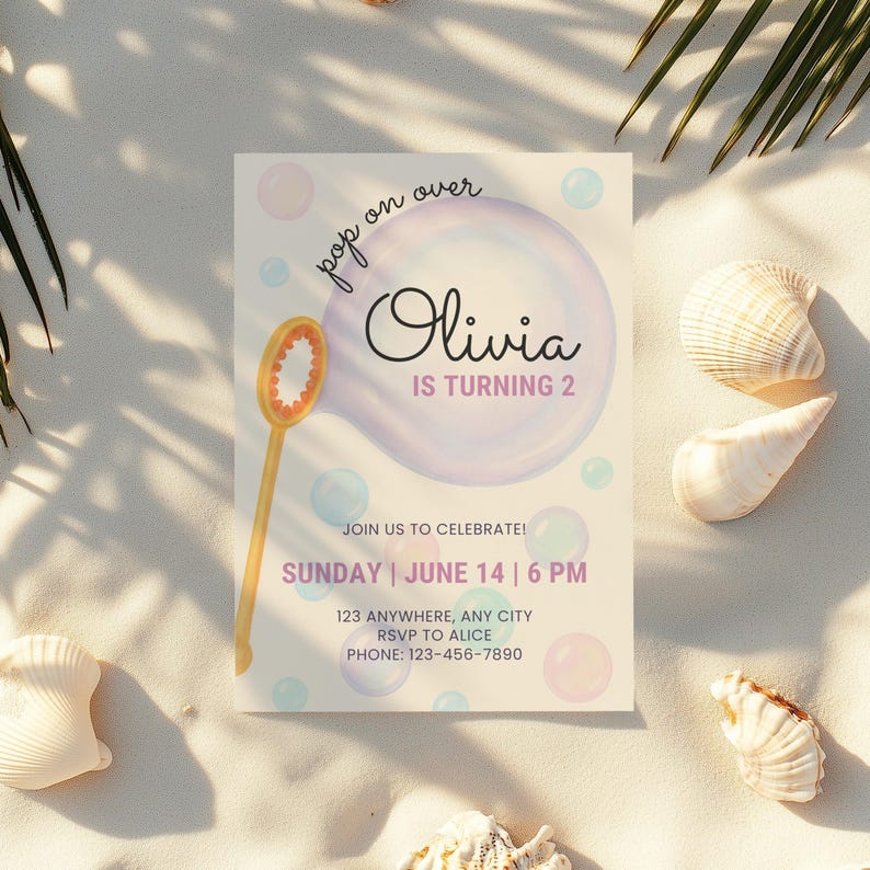 Bubble Birthday Invitation, Second Birthday Invite Bubbles, Pastel 2 Year Old Girl Birthday Invite, Girls Birthday Invitation Bubbles
