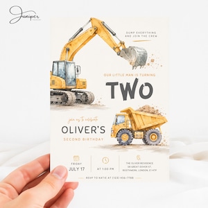 May include: A birthday invitation card featuring watercolor illustrations of a yellow excavator and a dump truck. Text includes: DUMP EVERYTHING AND JOIN THE CREW, OUR LITTLE MAN IS TURNING TWO, OLIVER'S SECOND BIRTHDAY, FRIDAY JULY 17, AT 1:00 PM.
