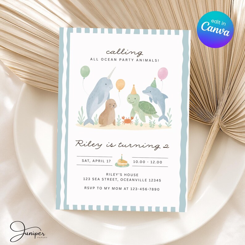 Sea Animals Birthday Invite, Ocean Party Animals Second Birthday Invitation, Under The Sea Birthday Invite, Blue Party Animals Invitation