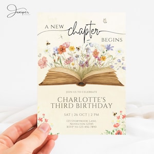 May include: A cream-colored birthday invitation with the text "A New Chapter Begins." The invitation features an open book with colorful flowers and the text "Charlotte's Third Birthday." Includes date, time, and RSVP information.