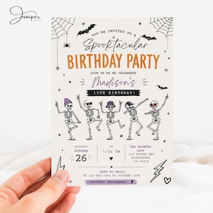 The image is a Halloween-themed birthday party invitation featuring a group of skeletons dancing and celebrating.