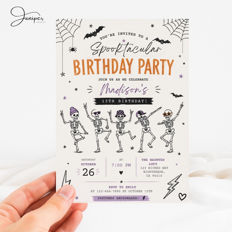The image is a Halloween-themed birthday party invitation featuring a group of skeletons dancing and celebrating.