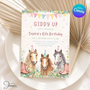 Horse Birthday Invitation, Giddy Up Birthday Party Invite, Girl's Birthday Invite, Pony Birthday Invite, Pink Floral Birthday Invite