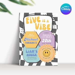 Faire-part d'anniversaire Five Is A Vibe garçon, faire-part d'anniversaire rétro garçon de cinq ans, Emoji Five Is A Vibe, faire-part de fête, High Five, invitation d'anniversaire