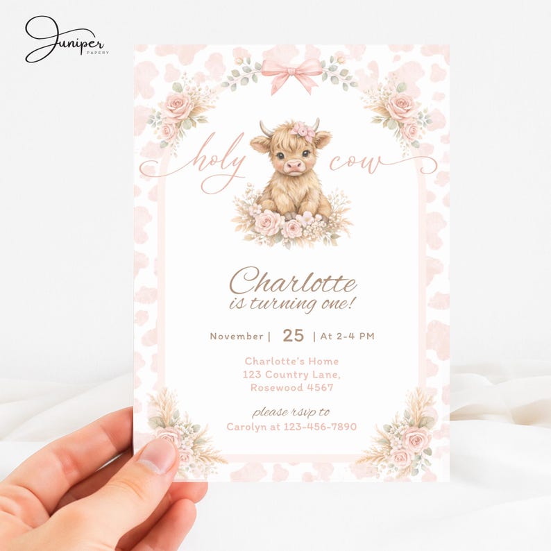 Highland Cow Birthday Invitate, Holy Cow First Birthday Invite, Holy Cow Pink Girl Invite, Scottish Cow Birthday Invite, Farm Animal Invite