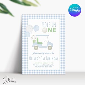 Hole In One Golf First Birthday Invitation | Blue Gingham Hole In One Par-Tee for Kids