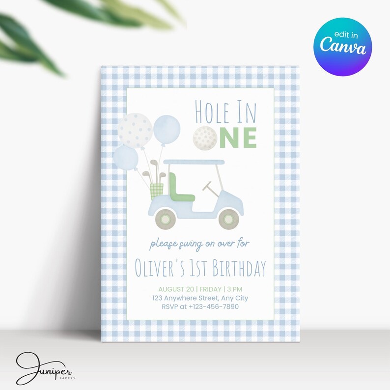 Hole In One Golf First Birthday Invitation | Blue Gingham Hole In One Par-Tee for Kids