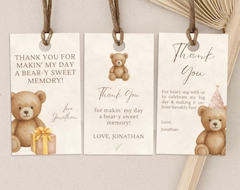 May include: Three rectangular gift tags with brown twine. Each tag features a teddy bear illustration and the text "Thank You" or "Thank You for makin' my day a bear-y sweet memory!" The tags are light beige with brown text.