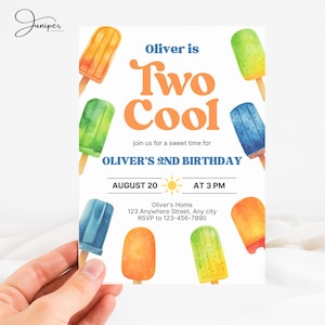 Two Cool Popsicle Invitation, Ice Cream Birthday Invitation, 2 Year Old Birthday Invite, Summer Popsicle Birthday Invitation Boy & Girl