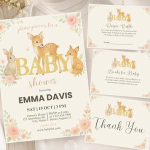 Pakiet kartek na baby shower w lesie, zaproszenie na baby shower w lesie i karta z podziękowaniami, zaproszenie na baby shower w kształcie jelenia, spersonalizowane karty na baby shower w lesie