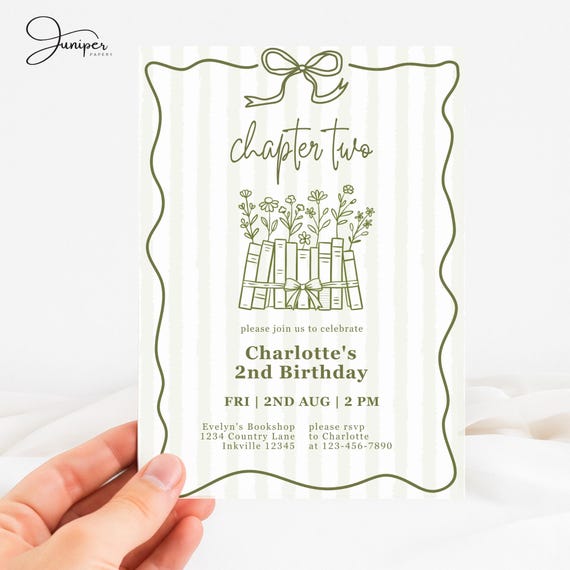 Chapter Two Birthday Invitation, Floral Green Bookish Invite, Vintage Storybook Card, Handdrawn Green Bow Invite, Literary Party Template