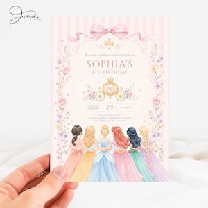 May include: A pink striped birthday invitation card featuring a gold carriage, a crown, and six illustrated figures in colorful gowns standing in a row. The text reads: You are royally invited to celebrate SOPHIA'S 4TH BIRTHDAY, SATURDAY FEBRUARY 29 AT 2:30 PM.
