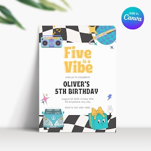 Invitation Five Is A Vibe garçon fille, faire-part d'anniversaire garçon de cinq ans disco rétro, emoji Five Is a Vibe inviter à une fête, High Five inviter