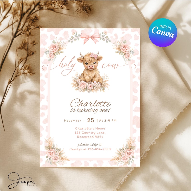 Holy Cow First Birthday Invite, Highland Cow Birthday Invitate, Holy Cow Pink Girl Invite, Scottish Cow Birthday Invite, Farm Animal Invite