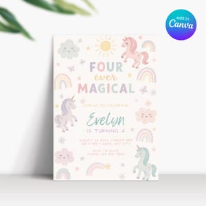 Plantilla de Canva para invitación de unicornio mágico Four Ever, invitación de cumpleaños mágica para niña de 4 años, invitación para fiesta de unicornio arcoíris pastel