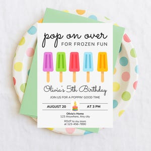 Faire-part d'été, crème glacée arc-en-ciel, invitation d'anniversaire de 5 ans, invitation d'anniversaire de popsicle de fête d'été