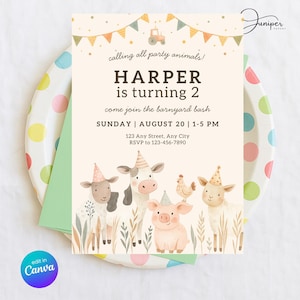 Party Animals Farm Invitation, 2nd Birthday Farm Animal Invite, Farm Invitation Two Year Old, Barnyard Bash Invitation, Petting Zoo Invite