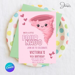 Fournado Birthday Invitation Girl, Fournado Invitation, Four Year Old Girl Birthday Invite, Birthday Girl Invite 4 Years, Tornado Invitation