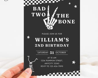 Bad Two The Bone Invite, Skeleton Halloween Invite, Spooky Invite, October Second Birthday Invitation, Rockstar Invitation, Skeleton Invite