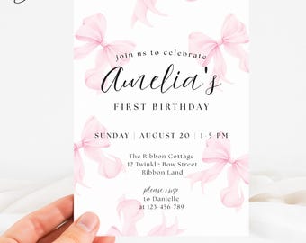 Pink Bow Birthday Invitation, Coquette Pink Bow First Birthday Invitation, Coquette First Birthday Invite, Elegant Coquette Invitation