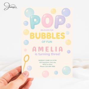 Bubble Birthday Invitation, Third Birthday Invite Bubbles, Pastel 3 Year Old Girl Birthday Invite, Girls Birthday Invitation Bubbles