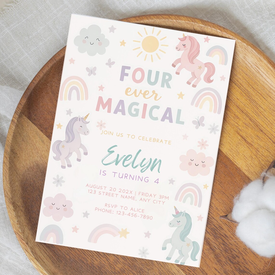 Four Ever Magical Unicorn Invitation Canva Template, Magical 4 Year Old ...